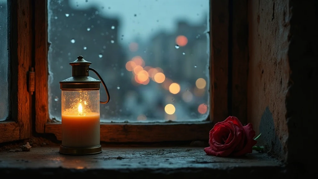 best bewafa poetry in urdu - a wilted rose and chai on a rainy windowsill at dusk